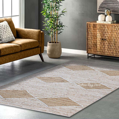 Attractive White Beige Hand Braided Living Room Jute Area Rug