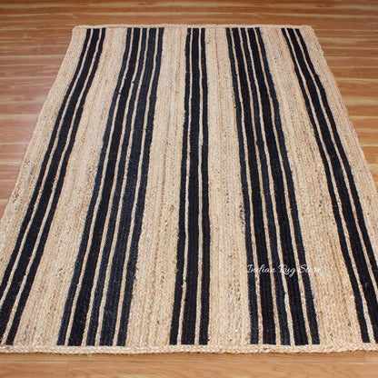 Oriental Black Beige Hand Braided Sea House Jute Area Rug