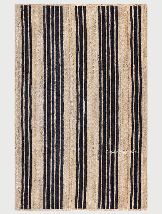 Oriental Black Beige Hand Braided Sea House Jute Area Rug