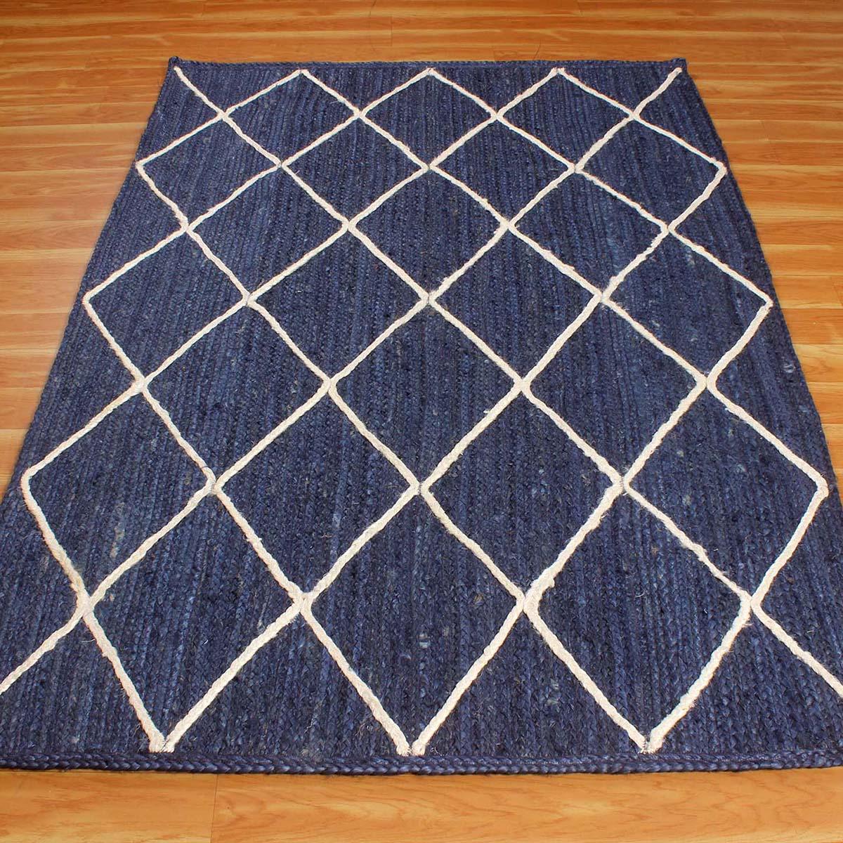 Traditional Blue White Hand Braided Entry Way Jute Area Rug - Indian Rug Store