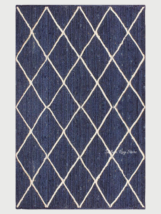 Traditional Blue White Hand Braided Entry Way Jute Area Rug