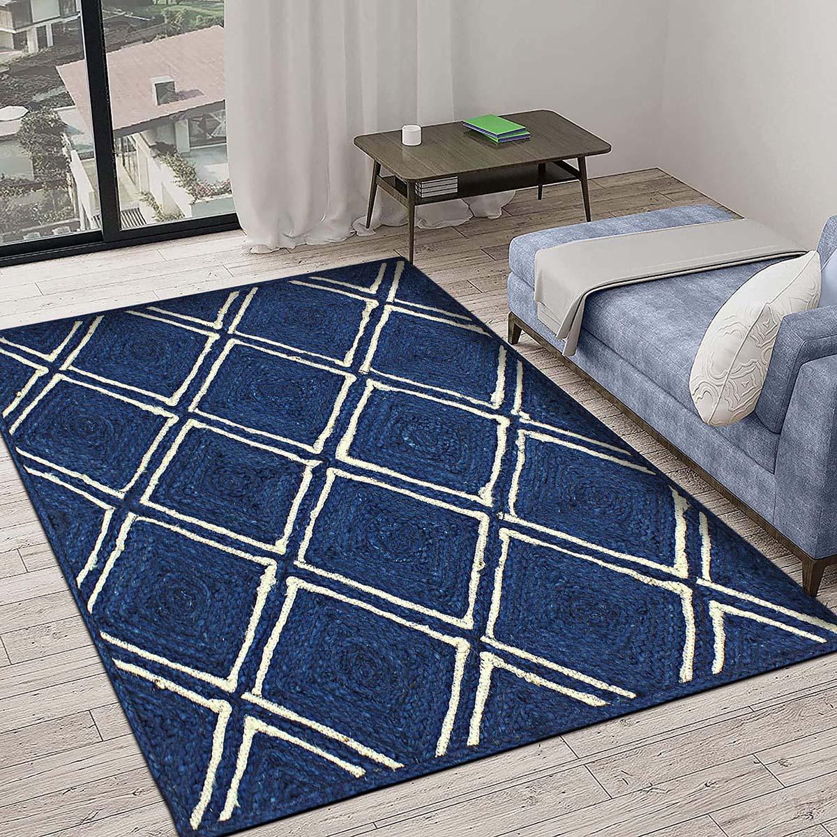 Classic Blue White Hand Braided Indoor Jute Area Rug - Indian Rug Store