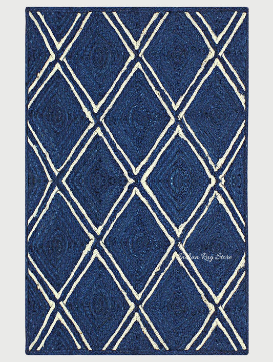 Classic Blue White Hand Braided Indoor Jute Area Rug