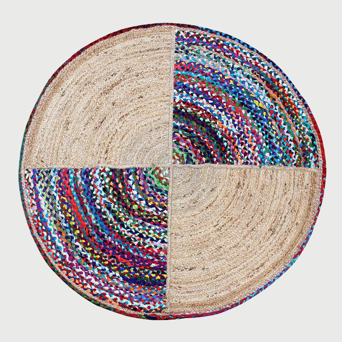 Beige Multicolor Hand Braided Round Bedroom Decor Cotton Jute Rug - Indian Rug Store