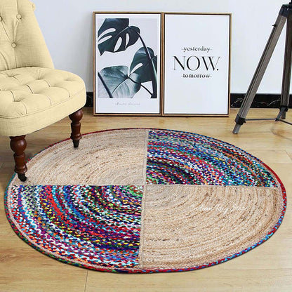 Beige Multicolor Hand Braided Round Bedroom Decor Cotton Jute Rug