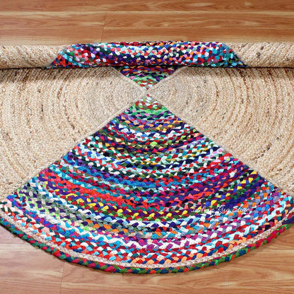 Beige Multicolor Hand Braided Round Bedroom Decor Cotton Jute Rug