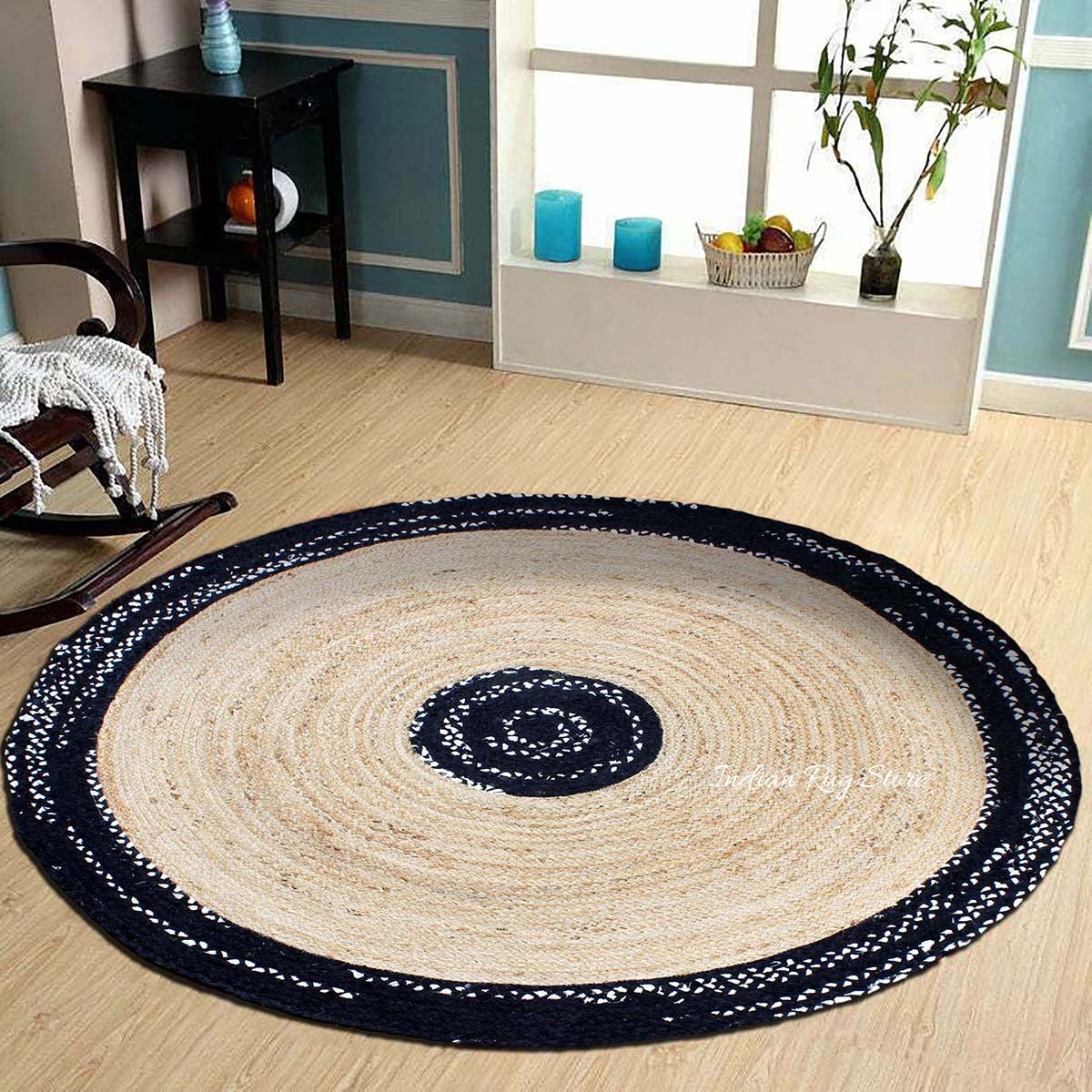 Black Beige Hand Braided Round Dining Hall Decor Cotton Jute Rug