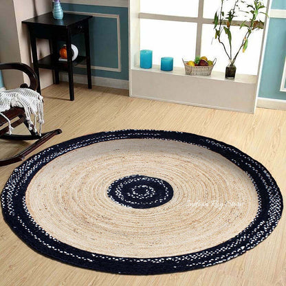 Black Beige Hand Braided Round Dining Hall Decor Cotton Jute Rug