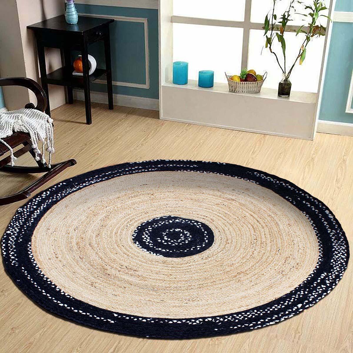 Black Beige Hand Braided Round Dining Hall Decor Cotton Jute Rug - Indian Rug Store