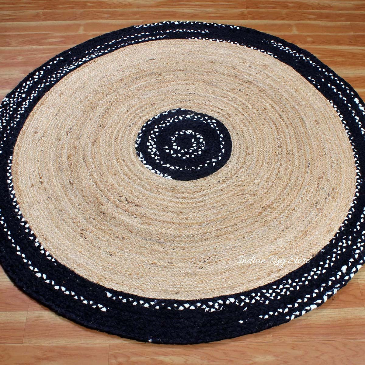 Black Beige Hand Braided Round Dining Hall Decor Cotton Jute Rug