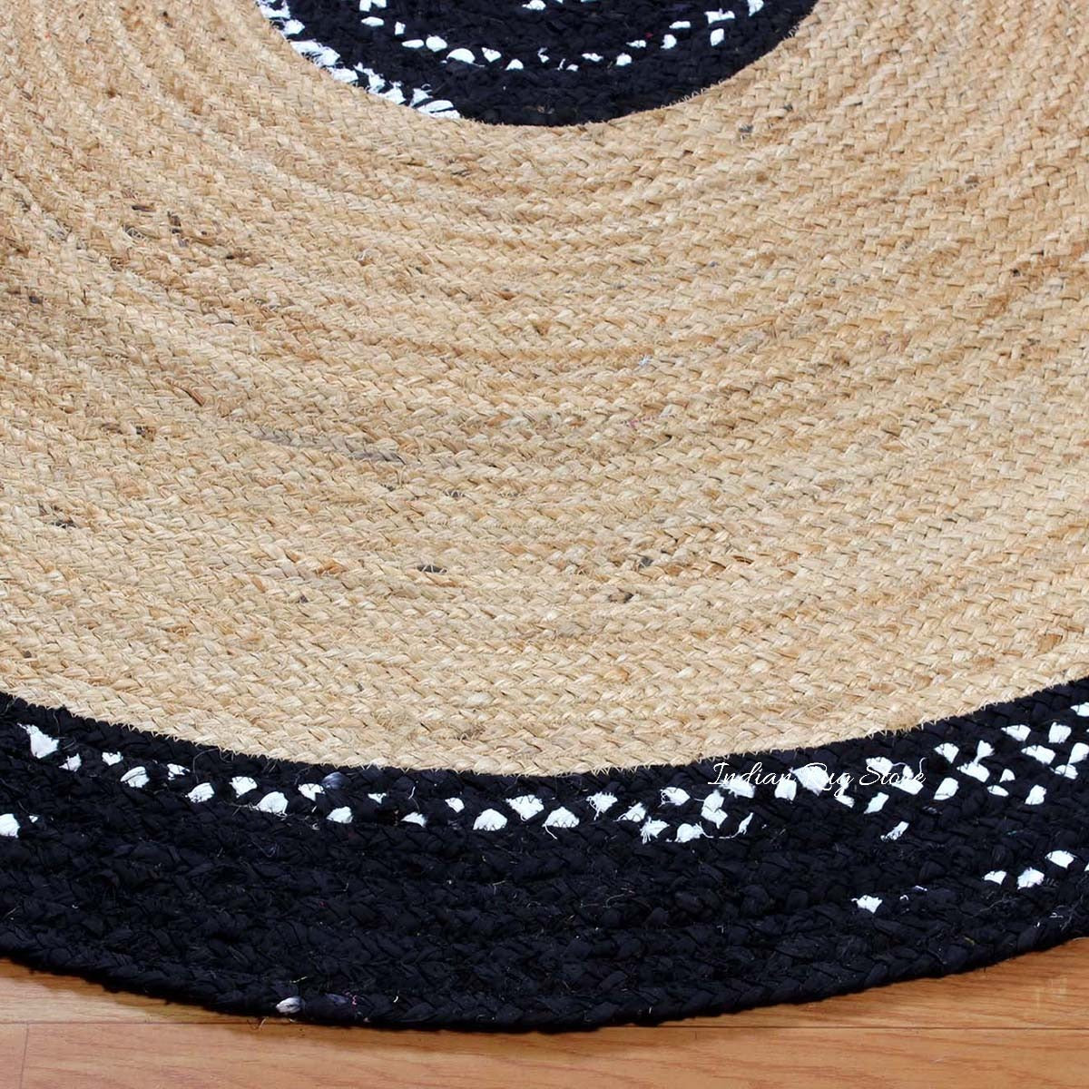 Tappeto rotondo in juta di cotone intrecciato a mano beige nero per sala da pranzo