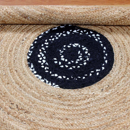 Black Beige Hand Braided Round Dining Hall Decor Cotton Jute Rug