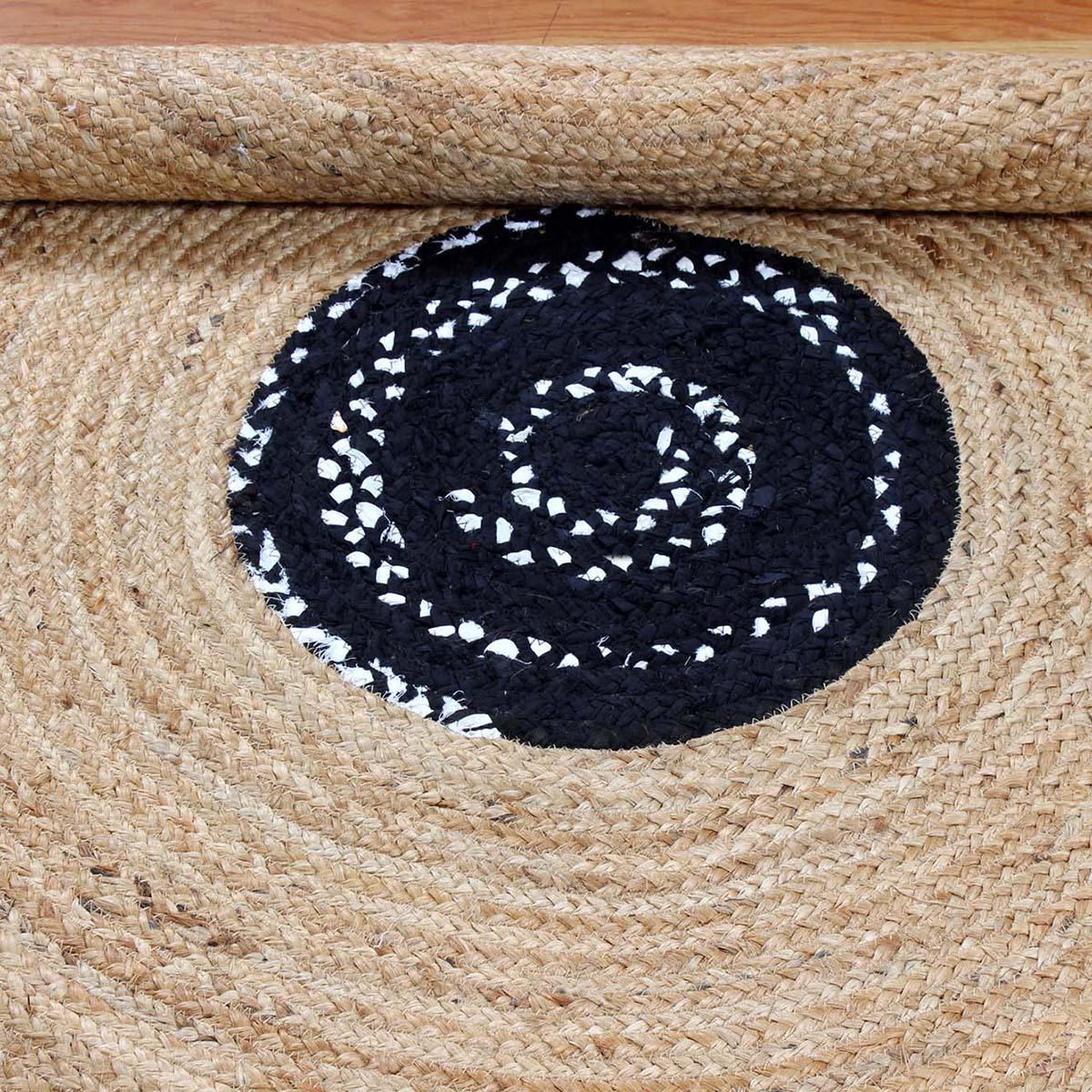 Black Beige Hand Braided Round Dining Hall Decor Cotton Jute Rug - Indian Rug Store