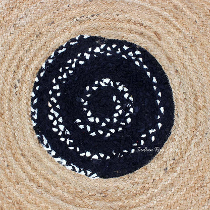 Black Beige Hand Braided Round Dining Hall Decor Cotton Jute Rug