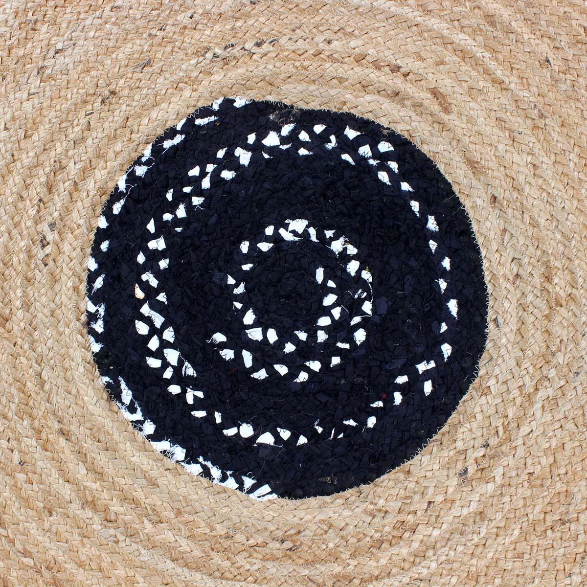 Black Beige Hand Braided Round Dining Hall Decor Cotton Jute Rug - Indian Rug Store