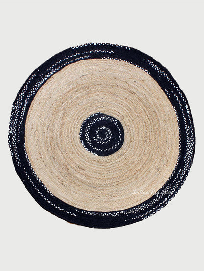 Black Beige Hand Braided Round Dining Hall Decor Cotton Jute Rug