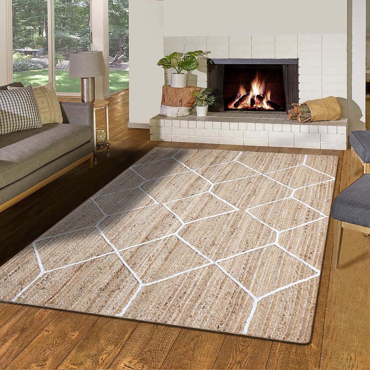 Natural Fiber Beige White Hand Braided Home Decor Jute Area Rug - Indian Rug Store