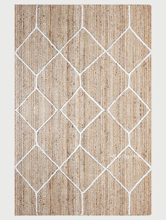 Alfombra de yute trenzada a mano de fibra natural color beige y blanco para decoración del hogar