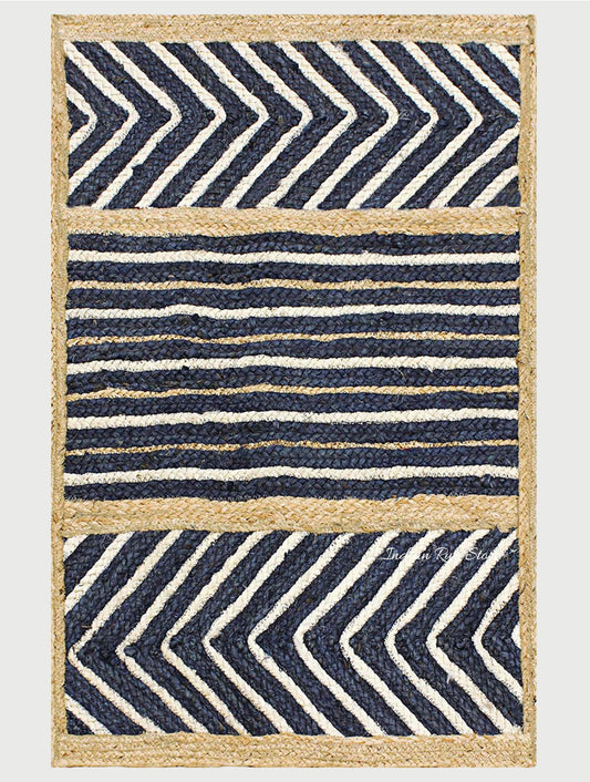 Attractive Beige Blue Hand Braided Entrance Jute Area Rug