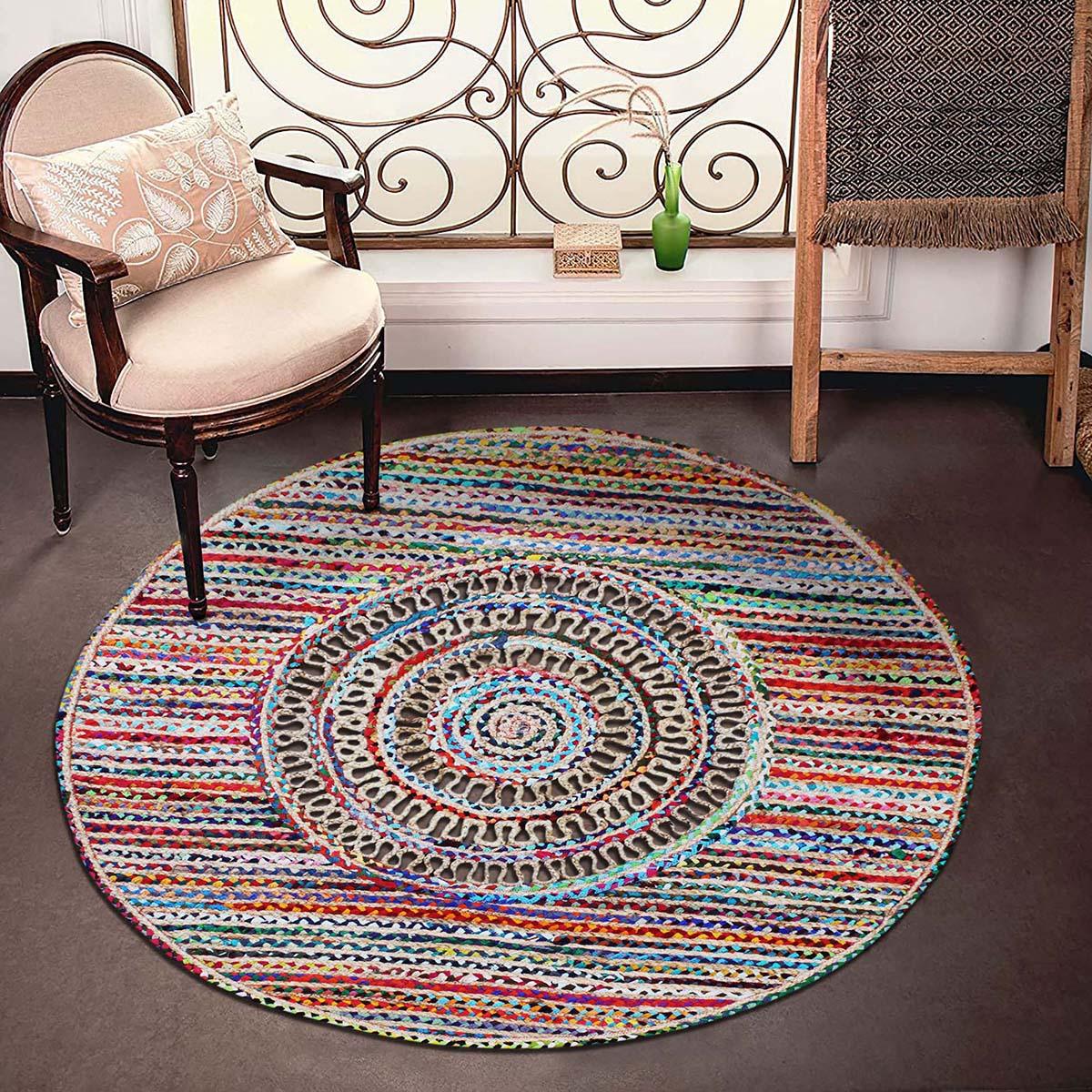 Round Beige Multicolor Hand Braided Entrance Decor Cotton Jute Rug - Indian Rug Store