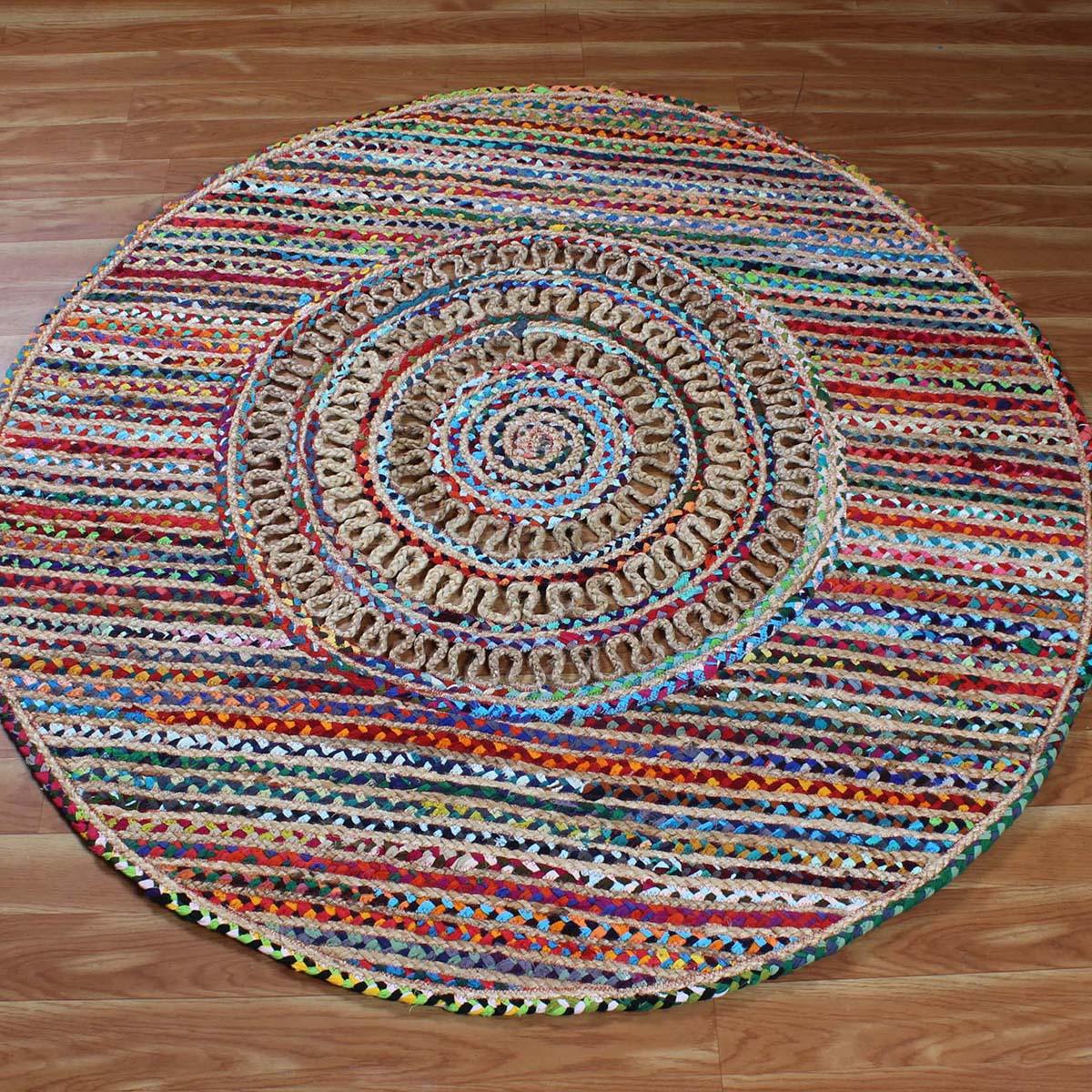 Round Beige Multicolor Hand Braided Entrance Decor Cotton Jute Rug - Indian Rug Store