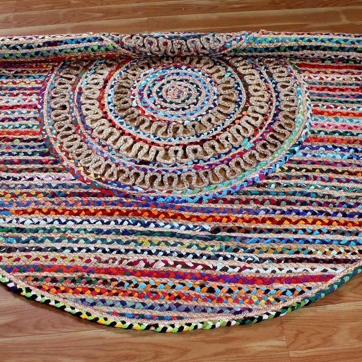 Round Beige Multicolor Hand Braided Entrance Decor Cotton Jute Rug - Indian Rug Store