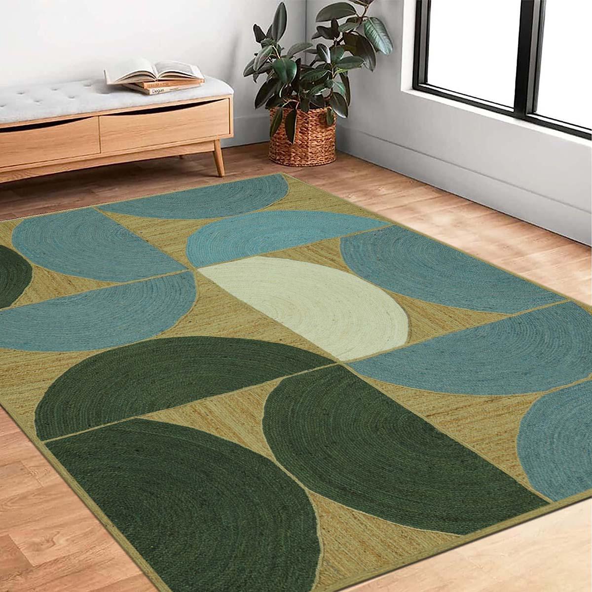 Oriental Green Blue Hand Braided Sea House Jute Area Rug - Indian Rug Store