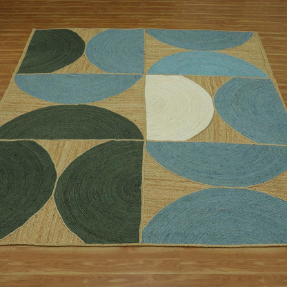 Oriental Green Blue Hand Braided Sea House Jute Area Rug - Indian Rug Store