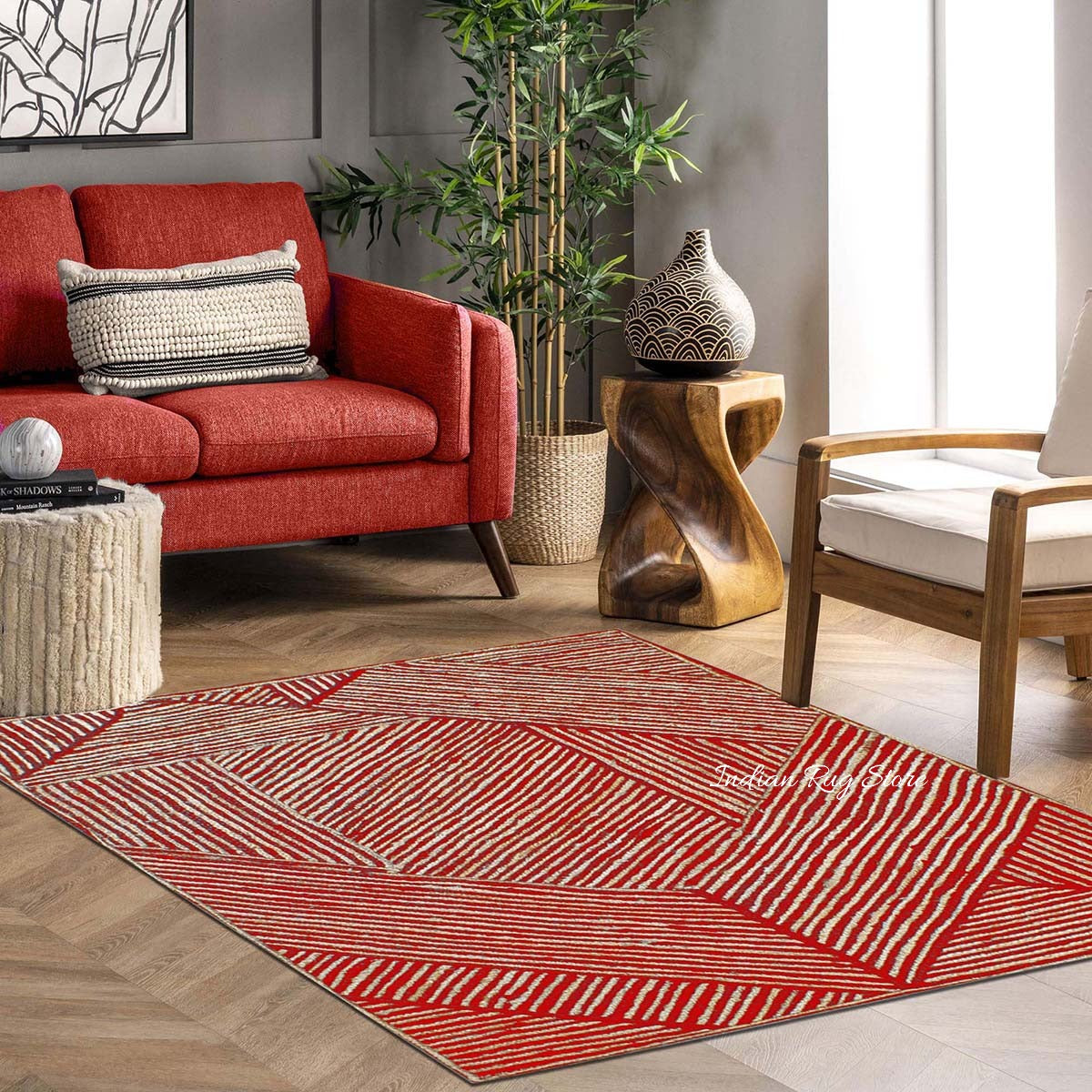 Beautiful Red Beige Hand Braided Entry Way Jute Area Rug