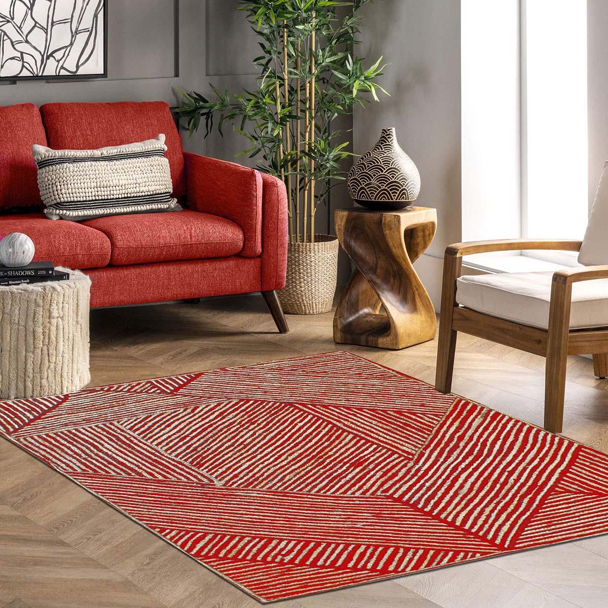 Beautiful Red Beige Hand Braided Entry Way Jute Area Rug - Indian Rug Store