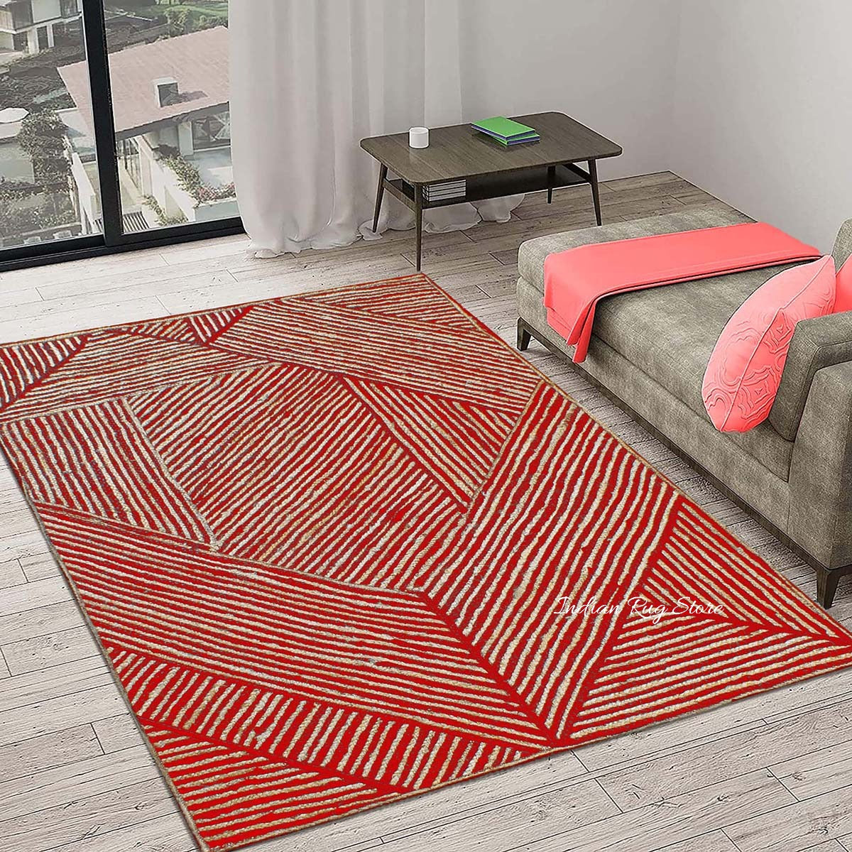 Beautiful Red Beige Hand Braided Entry Way Jute Area Rug