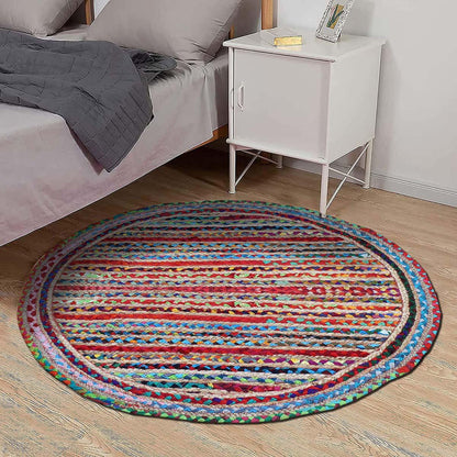 Geometric Hand Braided Beige Multicolor Dining Area Decor Cotton Jute Rug - Indian Rug Store