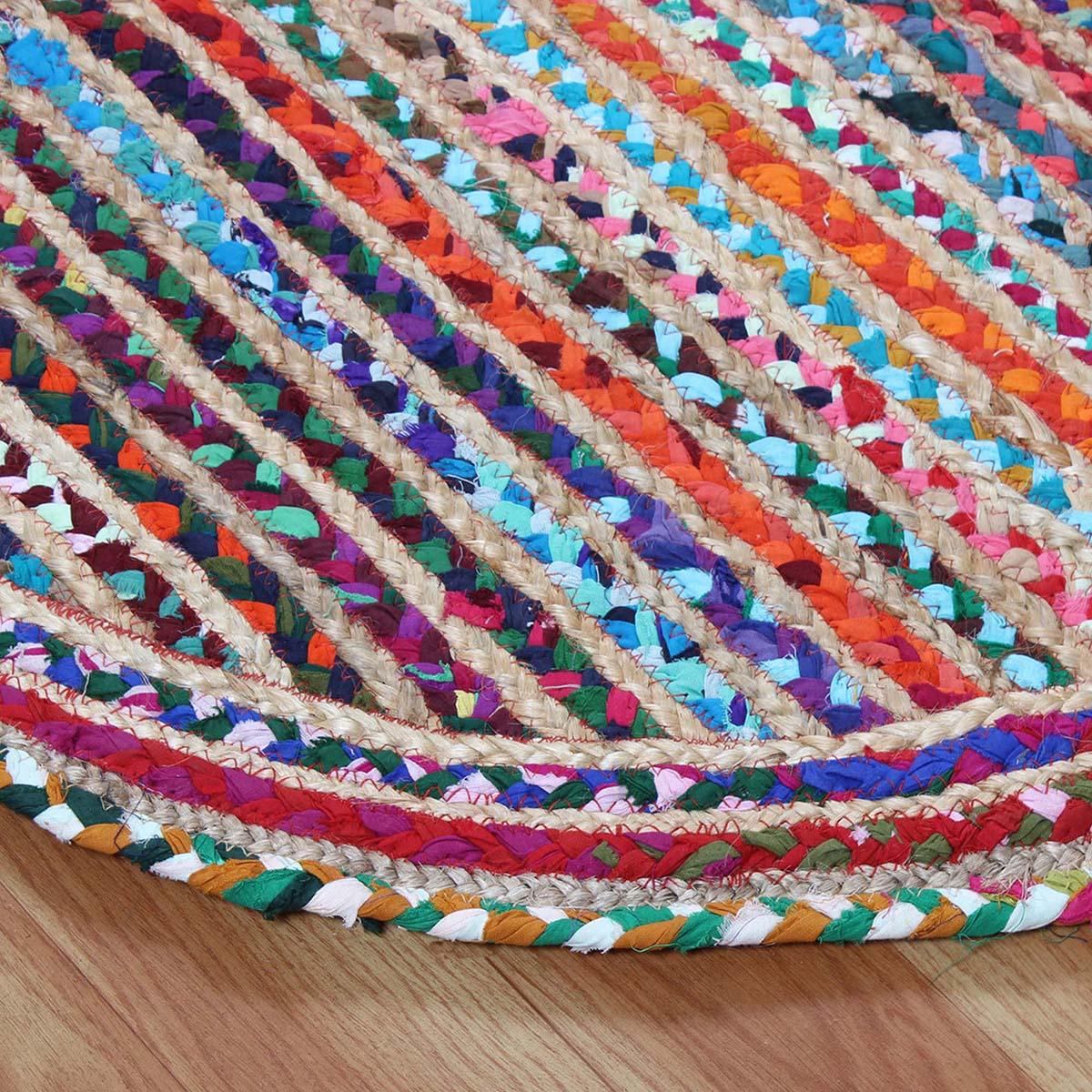 Geometric Hand Braided Beige Multicolor Dining Area Decor Cotton Jute Rug - Indian Rug Store