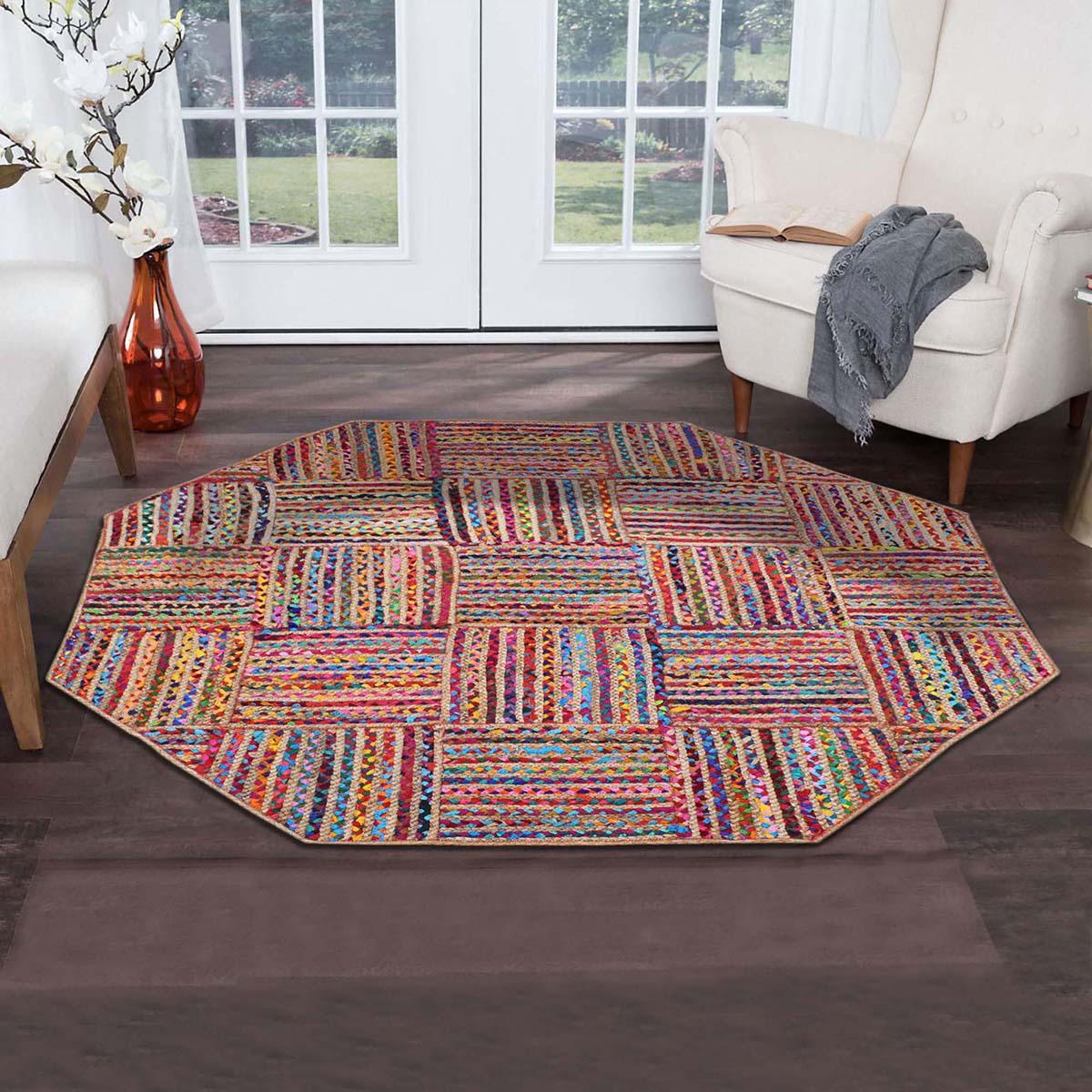 Living Area Decor Multicolor Beige Round Cotton Jute Rug - Indian Rug Store