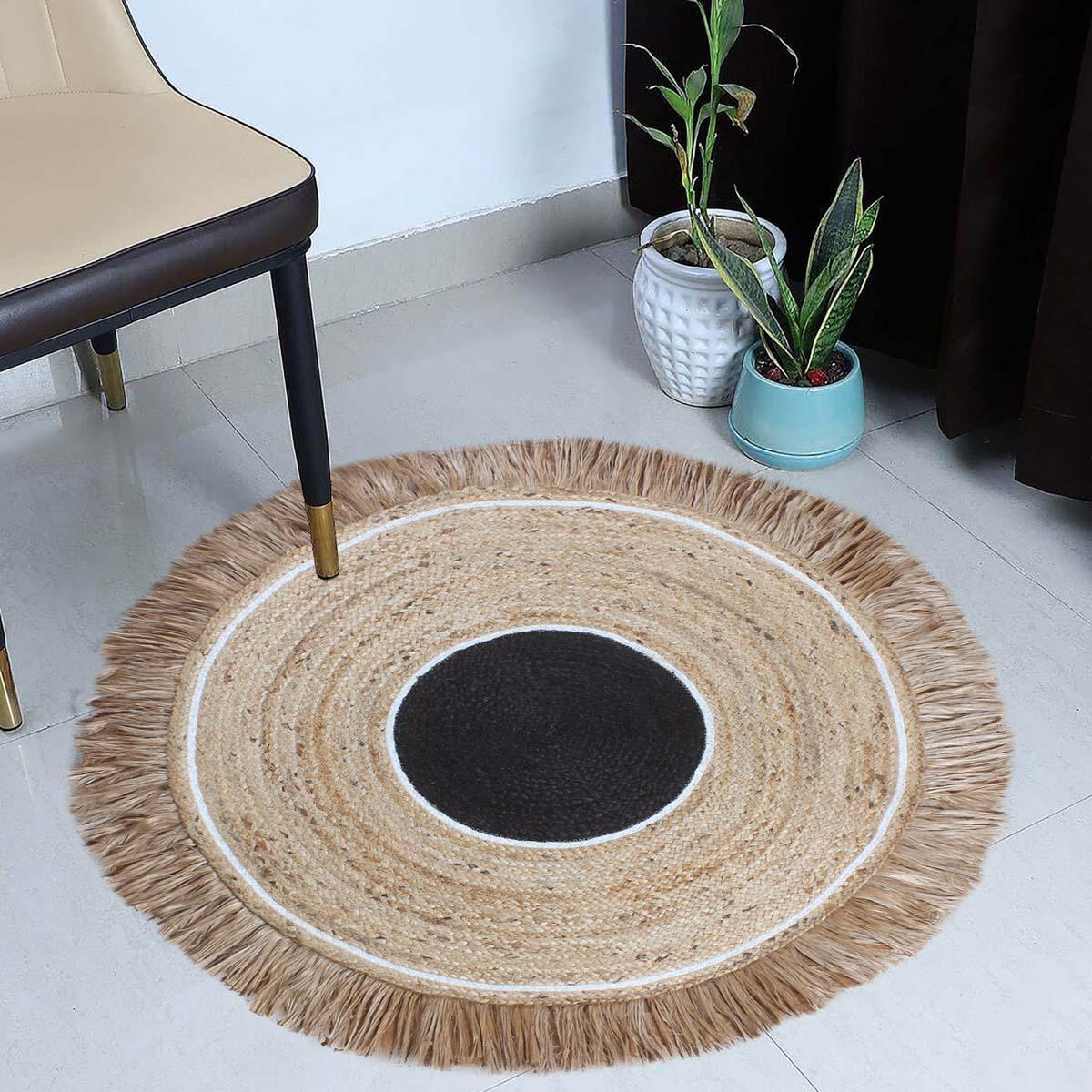 Hand Braided Beige Black Jute Entry Way Round Area Rug - Indian Rug Store