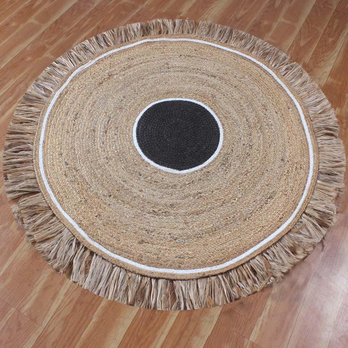 Hand Braided Beige Black Jute Entry Way Round Area Rug - Indian Rug Store