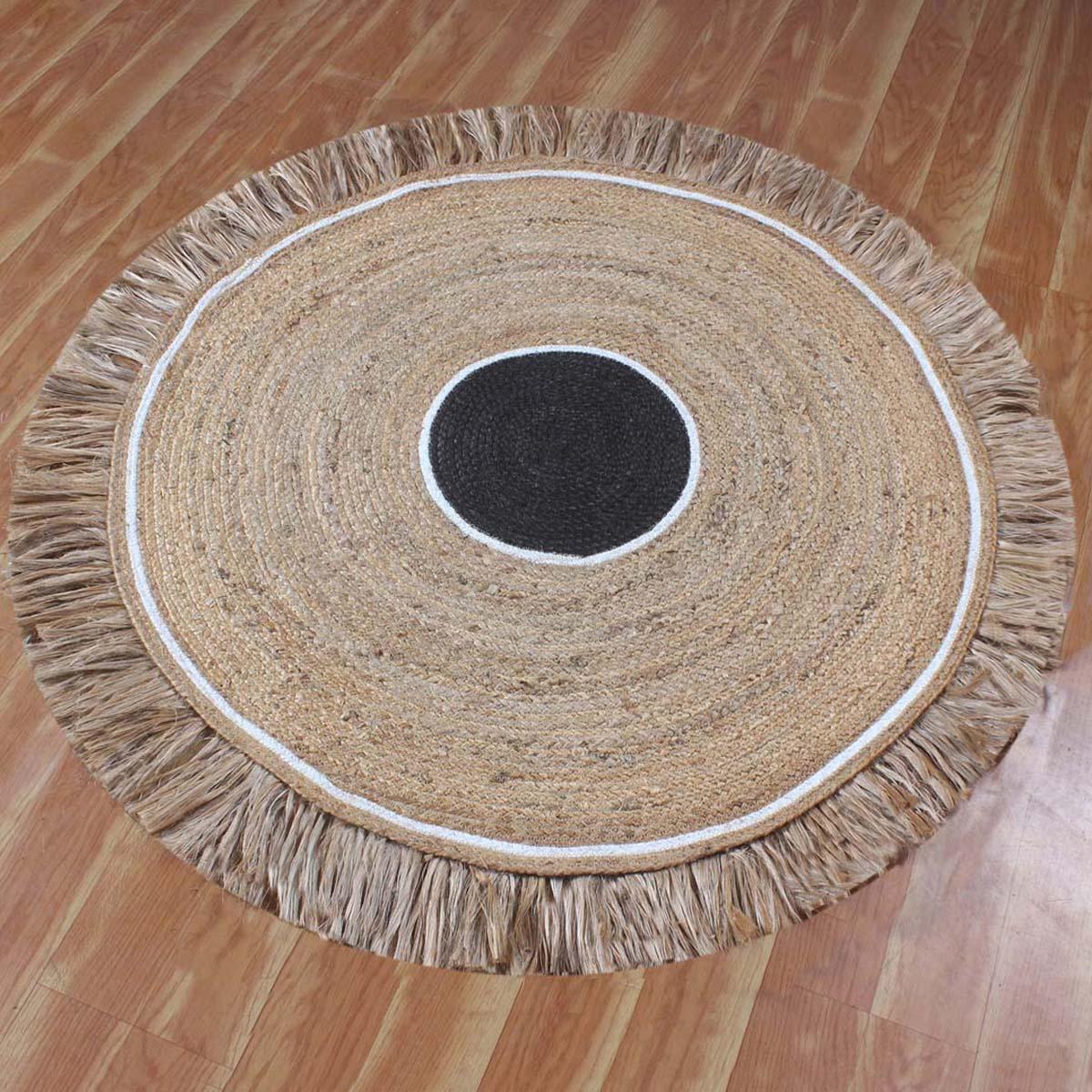 Hand Braided Beige Black Jute Entry Way Round Area Rug - Indian Rug Store