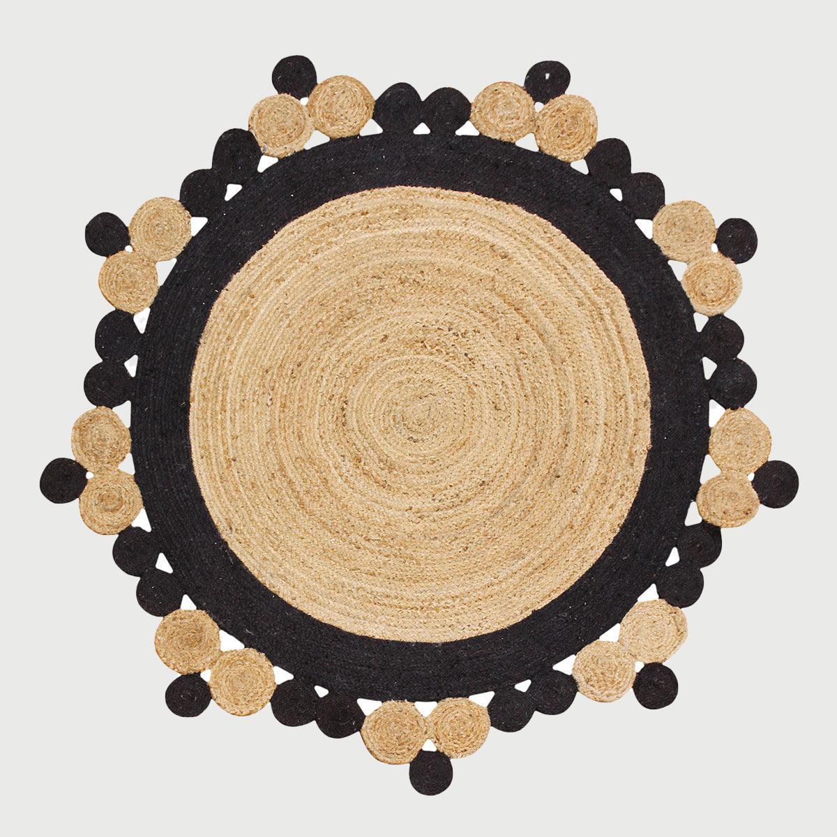 Traditional Hand Braided Beige Black Jute Farm House Round Area Rug - Indian Rug Store