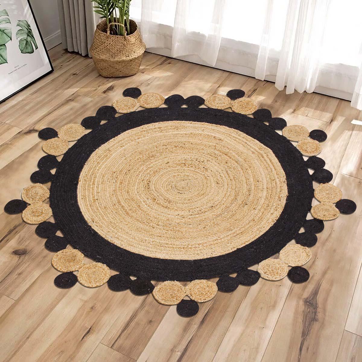 Traditional Hand Braided Beige Black Jute Farm House Round Area Rug - Indian Rug Store