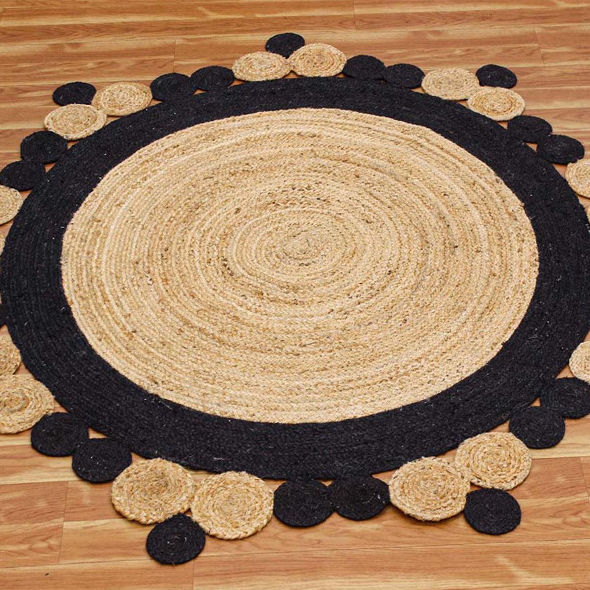 Traditional Hand Braided Beige Black Jute Farm House Round Area Rug - Indian Rug Store