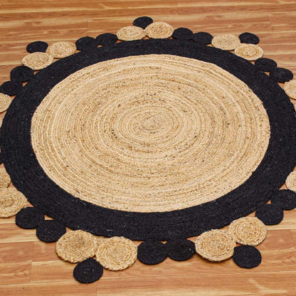 Traditional Hand Braided Beige Black Jute Farm House Round Area Rug - Indian Rug Store