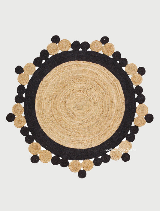 Traditional Hand Braided Beige Black Jute Farm House Round Area Rug