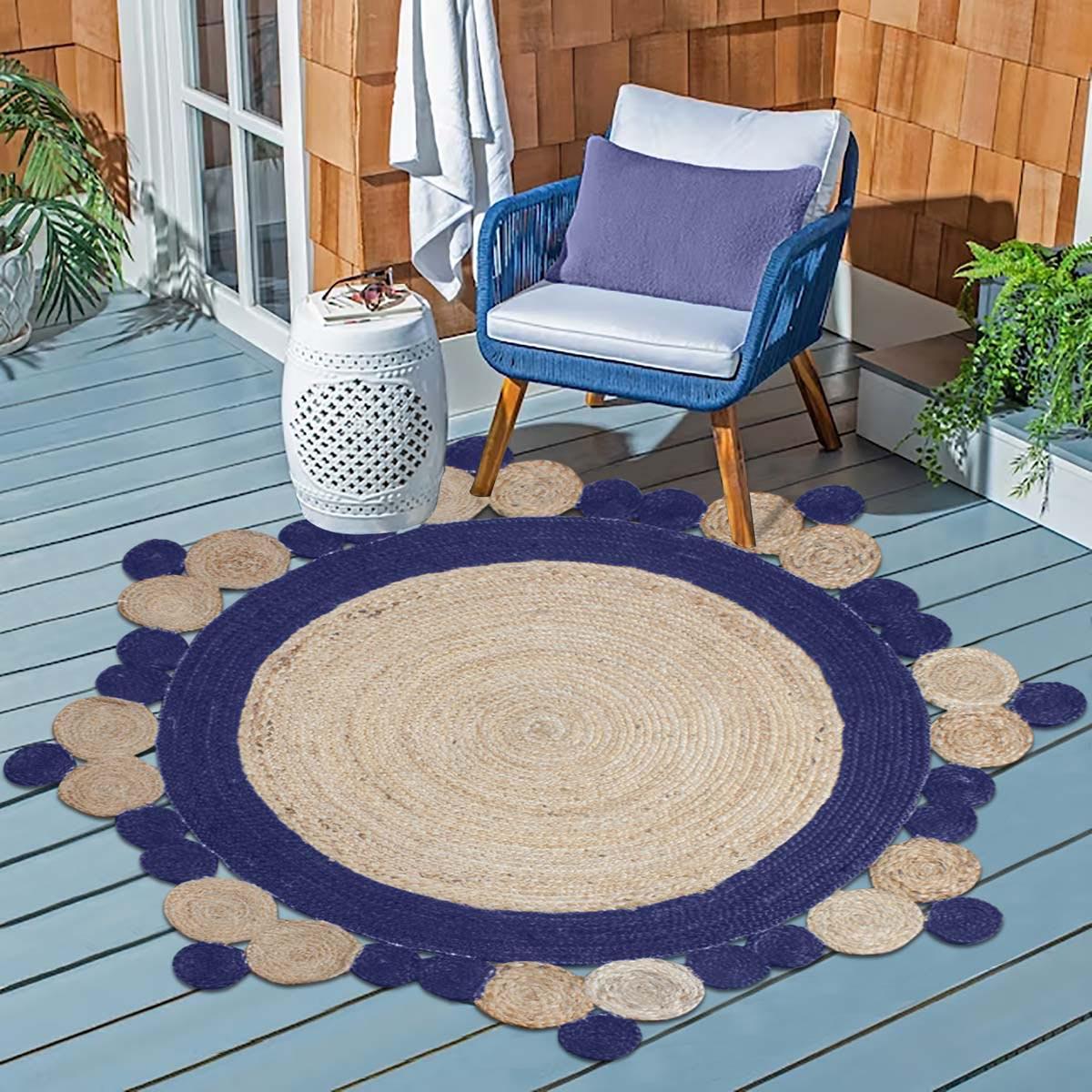 Traditional Blue Hand Braided Jute Living Round Area Rug - Indian Rug Store