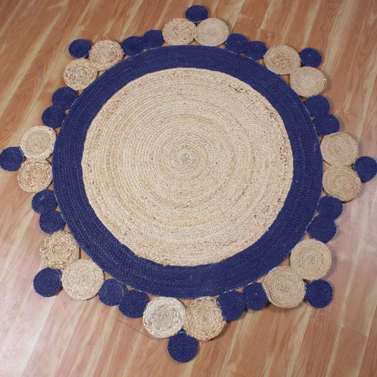 Traditional Blue Hand Braided Jute Living Round Area Rug - Indian Rug Store