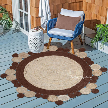 Alfombra redonda de yute trenzado a mano con diseño artístico marrón para decoración del hogar