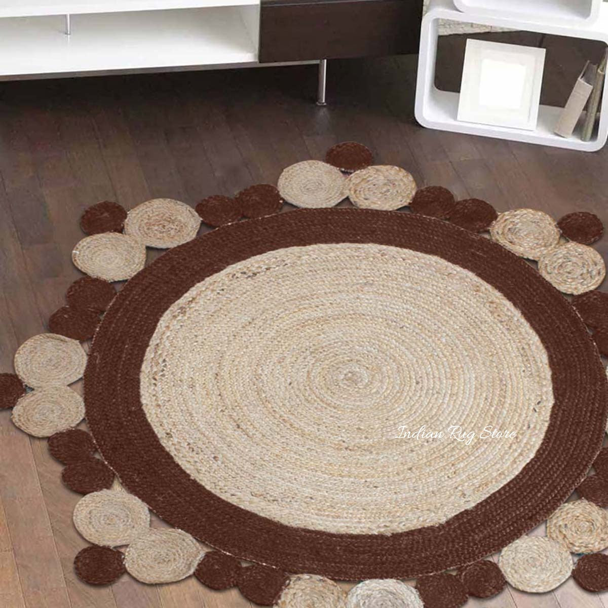 Alfombra redonda de yute trenzado a mano con diseño artístico marrón para decoración del hogar