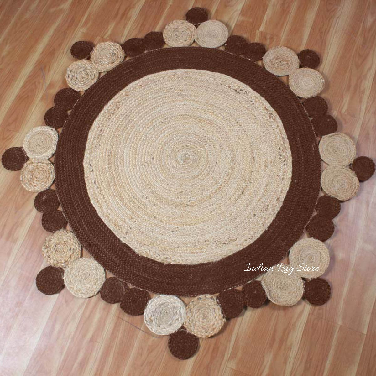 Alfombra redonda de yute trenzado a mano con diseño artístico marrón para decoración del hogar