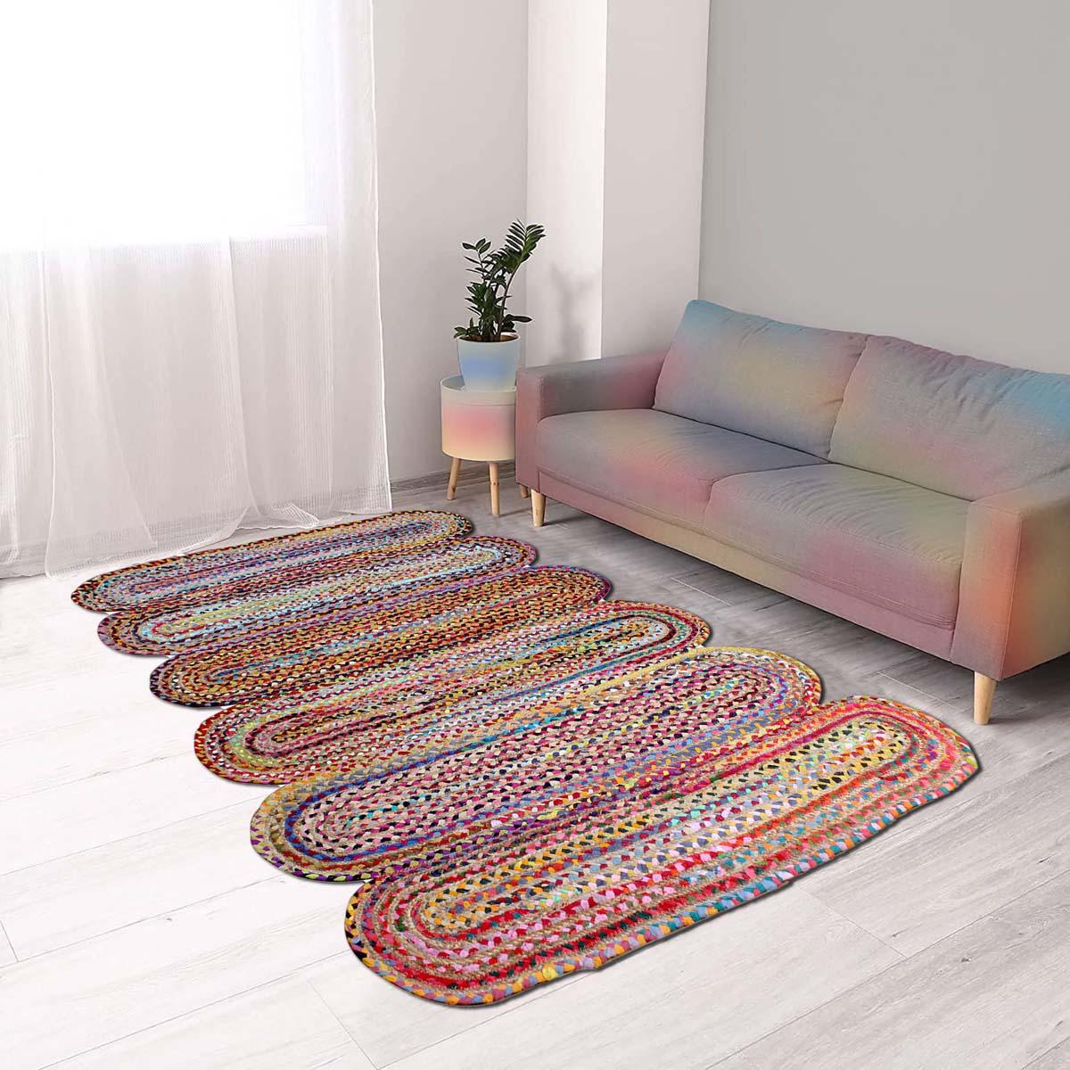 Brown Multicolor Geomtrical Hand Braided Cotton Jute Rug - Indian Rug Store