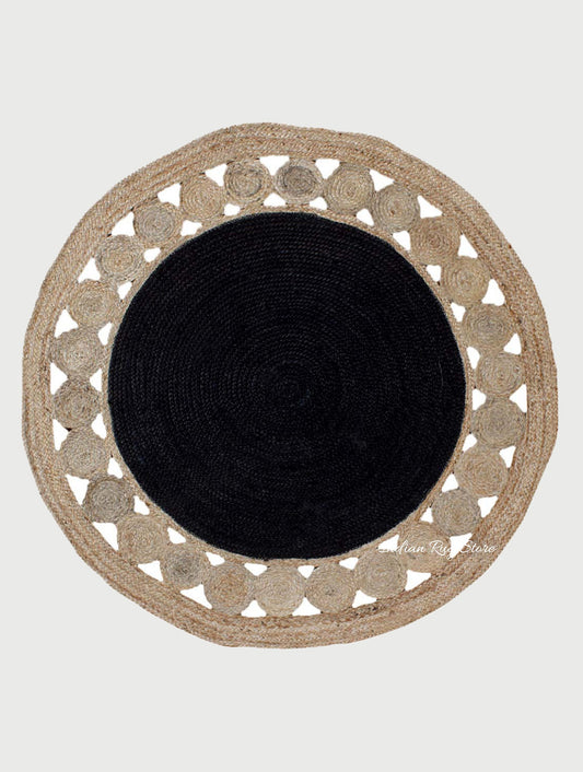 Classic Black Beige Hand Braided Interior Round Area Rug