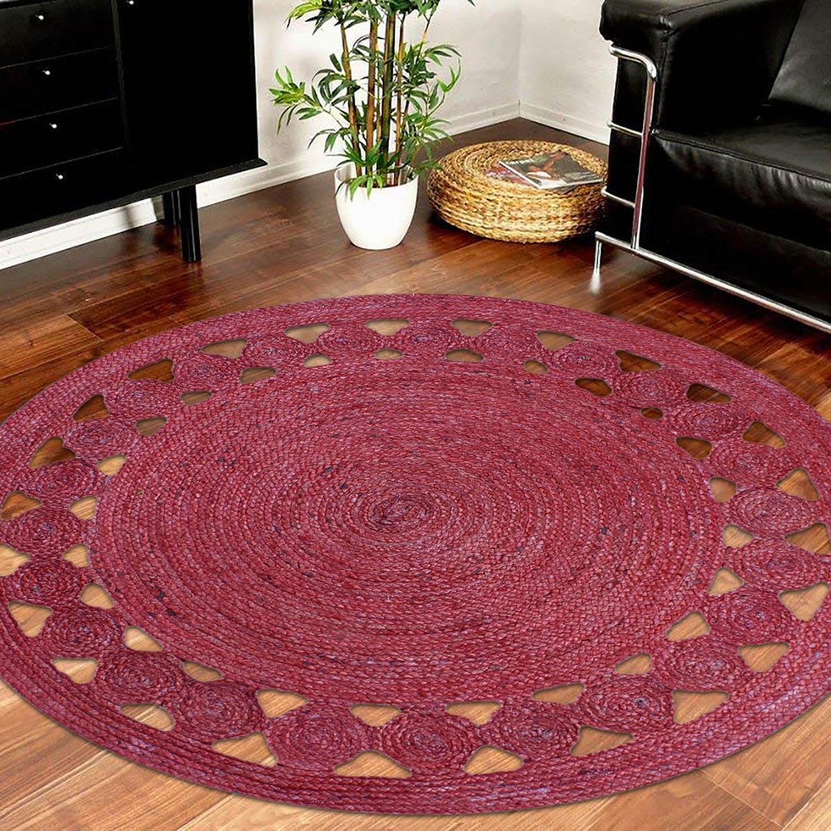 Oriental Red Hand Braided Farmhouse Round Area Rug - Indian Rug Store